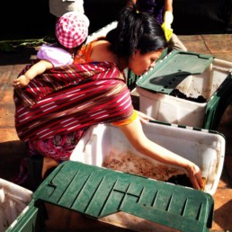 Woman cleaning a bin.