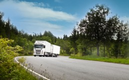 Semi truck installed with a Thermo King’s CryoTech transportation refrigeration system.