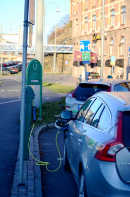 Electric car charging in Gothenburg.