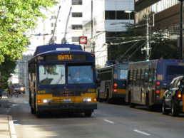 Seattle public transportation bus using electricity as its fuel source.