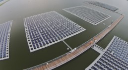 Aerial view of Singapore's solar panel farm on land and sea.