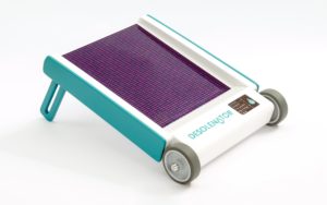Product shot of the solar powered water purification system designed by Desolenator.