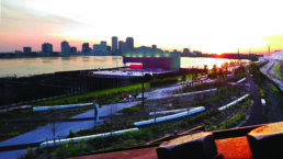 Aerial view of New Orleans by the water.