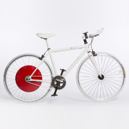 Product shot of the Copenhagen Wheel, an easy to install electric wheel for standard bicycles.