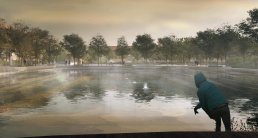 Park and lake in Copenhagen used for climate change benefits designed as resilient architecture.