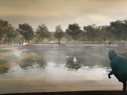 Park and lake in Copenhagen used for climate change benefits designed as resilient architecture.