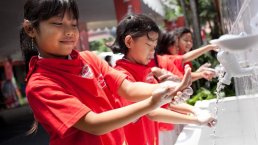 Children washing their hands with Unilever’s ‘Lifebuoy’ range of hygiene products.