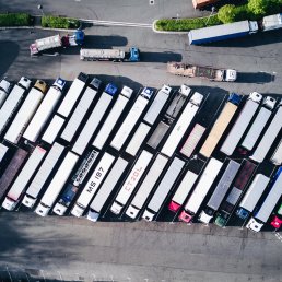 Birds eye view of semi trucks