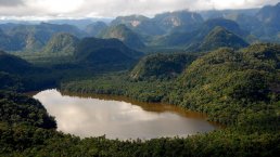 Lake with a forest and mountains surrounding it.